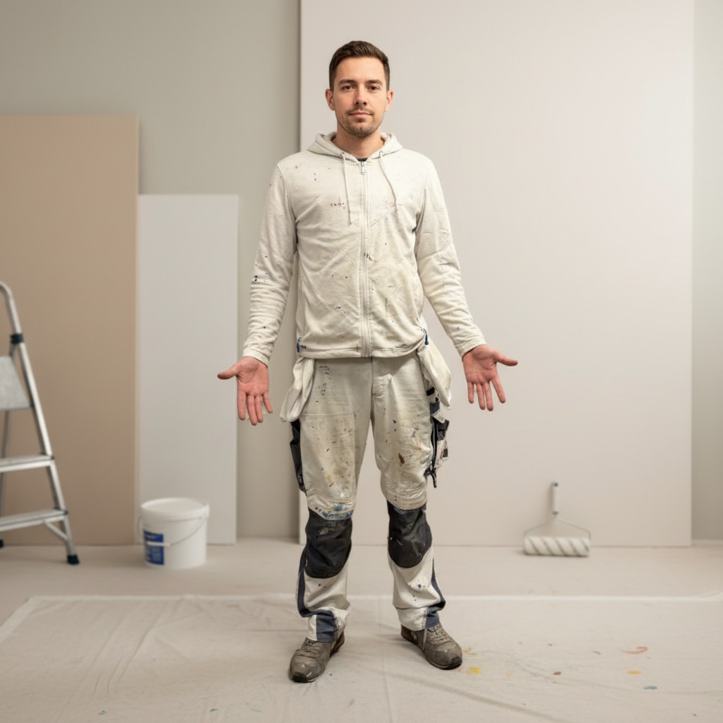 Maler in Arbeitskleidung auf einer Baustelle im Innenbereich